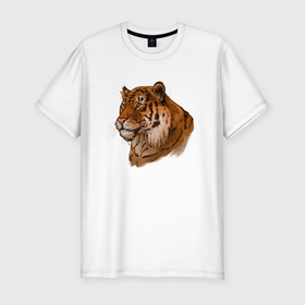 Мужская футболка хлопок Slim с принтом Тигр маслом в Санкт-Петербурге, 92% хлопок, 8% лайкра | приталенный силуэт, круглый вырез ворота, длина до линии бедра, короткий рукав | 2022 | иллюстрация | новый год | рисунок | скетч | тигр