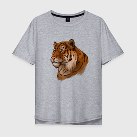 Мужская футболка хлопок Oversize с принтом Тигр маслом в Курске, 100% хлопок | свободный крой, круглый ворот, “спинка” длиннее передней части | Тематика изображения на принте: 2022 | иллюстрация | новый год | рисунок | скетч | тигр