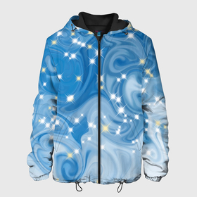 Мужская куртка 3D с принтом Голубая метелица в Новосибирске, ткань верха — 100% полиэстер, подклад — флис | прямой крой, подол и капюшон оформлены резинкой с фиксаторами, два кармана без застежек по бокам, один большой потайной карман на груди. Карман на груди застегивается на липучку | Тематика изображения на принте: blizzard | snow | winter | абстракция | белый | блестки | блестящий | времена года | зима | зимний | метелица | метель | мороз | новогодний | новый год | погода | праздничный | пурга | синий | снег | снежинки