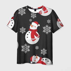 Мужская футболка 3D с принтом Снеговик в Тюмени, 100% полиэфир | прямой крой, круглый вырез горловины, длина до линии бедер | merry christmas | веселого рождества | рождество | снеговики | снежинки | шарфик