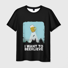 Мужская футболка 3D с принтом I WANT TO BEERLIEVE   Я ВЕРЮ В ПИВО в Екатеринбурге, 100% полиэфир | прямой крой, круглый вырез горловины, длина до линии бедер | alien | i want to believe | ufo | инопланетянин | нло | хотелось бы верить | я хочу верить