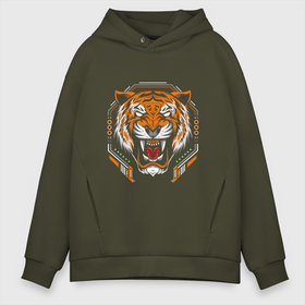 Мужское худи Oversize хлопок с принтом Tiger в Новосибирске, френч-терри — 70% хлопок, 30% полиэстер. Мягкий теплый начес внутри —100% хлопок | боковые карманы, эластичные манжеты и нижняя кромка, капюшон на магнитной кнопке | animal | art | drawing | predator | tiger | tiger head | арт | голова тигра | животное | рисунок | тигр | хищник