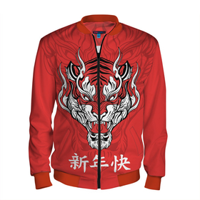 Мужской бомбер 3D с принтом Красный тигр   дракон в Екатеринбурге, 100% полиэстер | застегивается на молнию, по бокам два кармана без застежек, по низу бомбера и на воротнике - эластичная резинка | Тематика изображения на принте: 2022 | beast | chinese characters | chinese zodiac | dragon | head | muzzle | new year | predator | red tiger | stern look | year of the tiger | год тигра | голова | дракон | зверь | китайские иероглифы | красный тигр | новый год | по китайскому г
