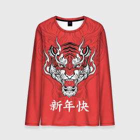 Мужской лонгслив 3D с принтом Красный тигр   дракон в Новосибирске, 100% полиэстер | длинные рукава, круглый вырез горловины, полуприлегающий силуэт | 2022 | beast | chinese characters | chinese zodiac | dragon | head | muzzle | new year | predator | red tiger | stern look | year of the tiger | год тигра | голова | дракон | зверь | китайские иероглифы | красный тигр | новый год | по китайскому г