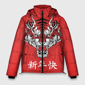 Мужская зимняя куртка 3D с принтом Красный тигр   дракон в Петрозаводске, верх — 100% полиэстер; подкладка — 100% полиэстер; утеплитель — 100% полиэстер | длина ниже бедра, свободный силуэт Оверсайз. Есть воротник-стойка, отстегивающийся капюшон и ветрозащитная планка. 

Боковые карманы с листочкой на кнопках и внутренний карман на молнии. | Тематика изображения на принте: 2022 | beast | chinese characters | chinese zodiac | dragon | head | muzzle | new year | predator | red tiger | stern look | year of the tiger | год тигра | голова | дракон | зверь | китайские иероглифы | красный тигр | новый год | по китайскому г