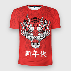 Мужская футболка 3D спортивная с принтом Красный тигр   дракон в Новосибирске, 100% полиэстер с улучшенными характеристиками | приталенный силуэт, круглая горловина, широкие плечи, сужается к линии бедра | Тематика изображения на принте: 2022 | beast | chinese characters | chinese zodiac | dragon | head | muzzle | new year | predator | red tiger | stern look | year of the tiger | год тигра | голова | дракон | зверь | китайские иероглифы | красный тигр | новый год | по китайскому г