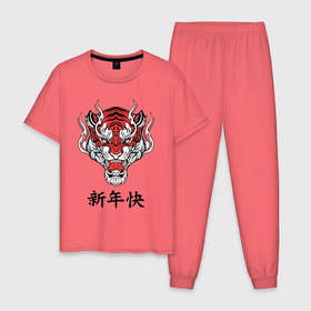 Мужская пижама хлопок с принтом Красный тигр   дракон 2022 в Петрозаводске, 100% хлопок | брюки и футболка прямого кроя, без карманов, на брюках мягкая резинка на поясе и по низу штанин
 | 2022 | beast | chinese characters | chinese zodiac | dragon | head | muzzle | new year | predator | red tiger | stern look | year of the tiger | год тигра | голова | дракон | зверь | китайские иероглифы | красный тигр | новый год | по китайскому г
