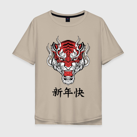 Мужская футболка хлопок Oversize с принтом Красный тигр   дракон 2022 в Новосибирске, 100% хлопок | свободный крой, круглый ворот, “спинка” длиннее передней части | Тематика изображения на принте: 2022 | beast | chinese characters | chinese zodiac | dragon | head | muzzle | new year | predator | red tiger | stern look | year of the tiger | год тигра | голова | дракон | зверь | китайские иероглифы | красный тигр | новый год | по китайскому г
