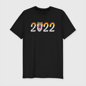 Мужская футболка хлопок Slim с принтом Надпись 2022   год тигра в Тюмени, 92% хлопок, 8% лайкра | приталенный силуэт, круглый вырез ворота, длина до линии бедра, короткий рукав | 2022 | год тигра | новый год | новый год 2022 | символ года | тигр | тигренок | тигрица | тигры