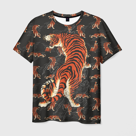 Мужская футболка 3D с принтом Тигр хищник в Екатеринбурге, 100% полиэфир | прямой крой, круглый вырез горловины, длина до линии бедер | большие кошки | волны | год тигра | паттерн | тигр | хищник