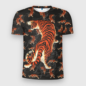 Мужская футболка 3D Slim с принтом Тигр хищник в Кировске, 100% полиэстер с улучшенными характеристиками | приталенный силуэт, круглая горловина, широкие плечи, сужается к линии бедра | большие кошки | волны | год тигра | паттерн | тигр | хищник