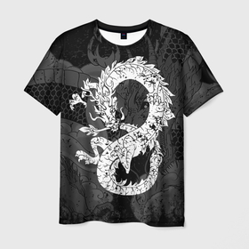 Мужская футболка 3D с принтом Белый Дракон Гранж | White Dragon в Кировске, 100% полиэфир | прямой крой, круглый вырез горловины, длина до линии бедер | beast | dragon | fire | grunge | горелый | дракон | животные | зверь | змей | когти | огонь | пепел | пламя | потертости | узор | чб | японский
