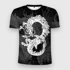 Мужская футболка 3D Slim с принтом Белый Дракон Гранж | White Dragon в Петрозаводске, 100% полиэстер с улучшенными характеристиками | приталенный силуэт, круглая горловина, широкие плечи, сужается к линии бедра | beast | dragon | fire | grunge | горелый | дракон | животные | зверь | змей | когти | огонь | пепел | пламя | потертости | узор | чб | японский