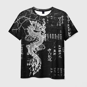 Мужская футболка 3D с принтом Японский Дракон Иероглифы | Dragon Japan в Кировске, 100% полиэфир | прямой крой, круглый вырез горловины, длина до линии бедер | beast | dragon | fire | grunge | горелый | дракон | животные | зверь | змей | иероглифы | когти | огонь | пепел | пламя | потертости | узор | чб | японский
