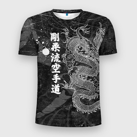 Мужская футболка 3D Slim с принтом Токийский Дракон (Иероглифы) Dragon Japan в Тюмени, 100% полиэстер с улучшенными характеристиками | приталенный силуэт, круглая горловина, широкие плечи, сужается к линии бедра | Тематика изображения на принте: beast | dragon | fire | grunge | горелый | дракон | животные | зверь | змей | иероглифы | когти | огонь | пепел | пламя | потертости | узор | чб | японский