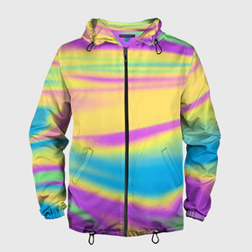 Мужская ветровка 3D с принтом Holographic Neon Waves в Санкт-Петербурге, 100% полиэстер | подол и капюшон оформлены резинкой с фиксаторами, два кармана без застежек по бокам, один потайной карман на груди | abstract | gradient | holographic | neon | neon stripes | rainbow | stripes | vaporwave | wave | абстрактный узор | абстракция | волны | голографические | градиент | краски | красочный | линии | неоновые полосы | полосы | радужный