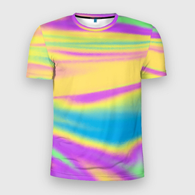 Мужская футболка 3D Slim с принтом Holographic Neon Waves в Новосибирске, 100% полиэстер с улучшенными характеристиками | приталенный силуэт, круглая горловина, широкие плечи, сужается к линии бедра | Тематика изображения на принте: abstract | gradient | holographic | neon | neon stripes | rainbow | stripes | vaporwave | wave | абстрактный узор | абстракция | волны | голографические | градиент | краски | красочный | линии | неоновые полосы | полосы | радужный