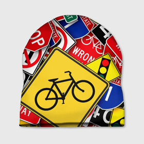 Шапка 3D с принтом Главная дорога в Курске, 100% полиэстер | универсальный размер, печать по всей поверхности изделия | велосипед | велоспорт | выносливость | дорога | дорожные | знаки | осторожность | предупредительный знак | предупреждение | символы | спорт | цикличный
