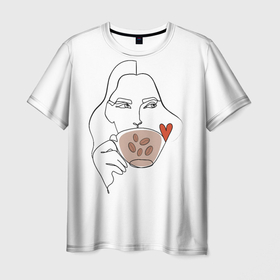 Мужская футболка 3D с принтом Монолиния девушка с кофе в Санкт-Петербурге, 100% полиэфир | прямой крой, круглый вырез горловины, длина до линии бедер | девушка и кофе | девушка пьёт кофе | кофейный | кофемания | линейный | люблю кофе | монолиния | обводка | обожаю кофе | образ девушки | одна линия | чашка кофе | чёрная линия