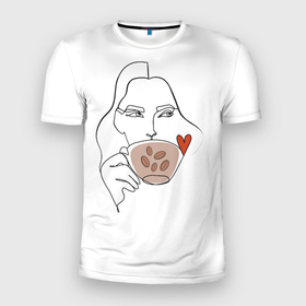 Мужская футболка 3D Slim с принтом Монолиния девушка с кофе в Курске, 100% полиэстер с улучшенными характеристиками | приталенный силуэт, круглая горловина, широкие плечи, сужается к линии бедра | девушка и кофе | девушка пьёт кофе | кофейный | кофемания | линейный | люблю кофе | монолиния | обводка | обожаю кофе | образ девушки | одна линия | чашка кофе | чёрная линия