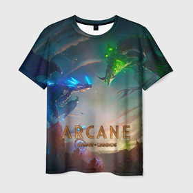Мужская футболка 3D с принтом Arcane   Драконы , 100% полиэфир | прямой крой, круглый вырез горловины, длина до линии бедер | animated | arcane | games | league | legends | netflix | of | riot | аркейн | заун | мультсериал | пилтовер | сериал | фантастика | фэнтези