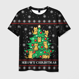 Мужская футболка 3D с принтом MEOWY CHRISTMAS | 2022 в Белгороде, 100% полиэфир | прямой крой, круглый вырез горловины, длина до линии бедер | 2020 | 2021 | 2022 | christmas | meow | meowy christmas | merry | кот | леденец | мяу | нг | новогодний | новый год | олени | рождество | свитер | узоры