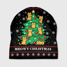 Шапка 3D с принтом MEOWY CHRISTMAS | 2022 в Белгороде, 100% полиэстер | универсальный размер, печать по всей поверхности изделия | 2020 | 2021 | 2022 | christmas | meow | meowy christmas | merry | кот | леденец | мяу | нг | новогодний | новый год | олени | рождество | свитер | узоры