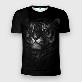 Мужская футболка 3D Slim с принтом Голова хищного тигра в Петрозаводске, 100% полиэстер с улучшенными характеристиками | приталенный силуэт, круглая горловина, широкие плечи, сужается к линии бедра | большая кошка | год тигра | голова тигра | дикий | животное | тигр | хищник
