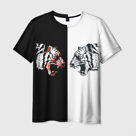 Мужская футболка 3D с принтом Два тигра напротив друг друга в Тюмени, 100% полиэфир | прямой крой, круглый вырез горловины, длина до линии бедер | Тематика изображения на принте: tiger | восточный тигр | год тигра | кошка | тигр | тигренок | хищник