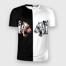 Мужская футболка 3D Slim с принтом Два тигра напротив друг друга в Санкт-Петербурге, 100% полиэстер с улучшенными характеристиками | приталенный силуэт, круглая горловина, широкие плечи, сужается к линии бедра | tiger | восточный тигр | год тигра | кошка | тигр | тигренок | хищник