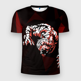 Мужская футболка 3D Slim с принтом Злой тигр нападает в Белгороде, 100% полиэстер с улучшенными характеристиками | приталенный силуэт, круглая горловина, широкие плечи, сужается к линии бедра | low poly | tiger | восточный тигр | год тигра | кошка | лоу поли | тигр | тигренок | хищник