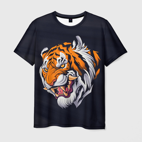 Мужская футболка 3D с принтом Саблезубый тигр (голова) в Белгороде, 100% полиэфир | прямой крой, круглый вырез горловины, длина до линии бедер | tiger | восточный тигр | год тигра | голова | кошка | саблезубый | тигр | тигренок | хищник