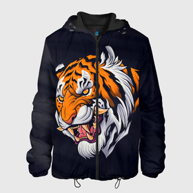 Мужская куртка 3D с принтом Саблезубый тигр (голова) в Новосибирске, ткань верха — 100% полиэстер, подклад — флис | прямой крой, подол и капюшон оформлены резинкой с фиксаторами, два кармана без застежек по бокам, один большой потайной карман на груди. Карман на груди застегивается на липучку | Тематика изображения на принте: tiger | восточный тигр | год тигра | голова | кошка | саблезубый | тигр | тигренок | хищник