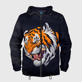 Мужская ветровка 3D с принтом Саблезубый тигр (голова) в Тюмени, 100% полиэстер | подол и капюшон оформлены резинкой с фиксаторами, два кармана без застежек по бокам, один потайной карман на груди | Тематика изображения на принте: tiger | восточный тигр | год тигра | голова | кошка | саблезубый | тигр | тигренок | хищник