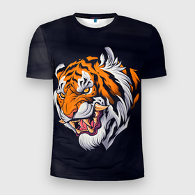 Мужская футболка 3D Slim с принтом Саблезубый тигр (голова) в Белгороде, 100% полиэстер с улучшенными характеристиками | приталенный силуэт, круглая горловина, широкие плечи, сужается к линии бедра | tiger | восточный тигр | год тигра | голова | кошка | саблезубый | тигр | тигренок | хищник