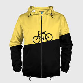 Мужская ветровка 3D с принтом Бегущий за велосипедом в Санкт-Петербурге, 100% полиэстер | подол и капюшон оформлены резинкой с фиксаторами, два кармана без застежек по бокам, один потайной карман на груди | Тематика изображения на принте: бег | бегущий | велосипед | велоспорт | гора | желтый | персонаж | цвета | человек | черный