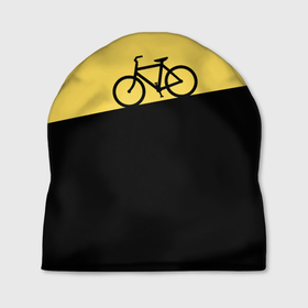 Шапка 3D с принтом Бегущий за велосипедом в Тюмени, 100% полиэстер | универсальный размер, печать по всей поверхности изделия | бег | бегущий | велосипед | велоспорт | гора | желтый | персонаж | цвета | человек | черный