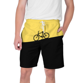 Мужские шорты 3D с принтом Бегущий за велосипедом ,  полиэстер 100% | прямой крой, два кармана без застежек по бокам. Мягкая трикотажная резинка на поясе, внутри которой широкие завязки. Длина чуть выше колен | бег | бегущий | велосипед | велоспорт | гора | желтый | персонаж | цвета | человек | черный