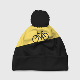 Шапка 3D c помпоном с принтом Бегущий за велосипедом в Кировске, 100% полиэстер | универсальный размер, печать по всей поверхности изделия | бег | бегущий | велосипед | велоспорт | гора | желтый | персонаж | цвета | человек | черный