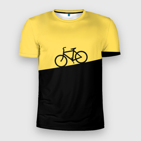 Мужская футболка 3D Slim с принтом Бегущий за велосипедом в Курске, 100% полиэстер с улучшенными характеристиками | приталенный силуэт, круглая горловина, широкие плечи, сужается к линии бедра | Тематика изображения на принте: бег | бегущий | велосипед | велоспорт | гора | желтый | персонаж | цвета | человек | черный