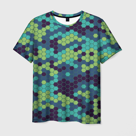 Мужская футболка 3D с принтом Зеленые соты в мозаике , 100% полиэфир | прямой крой, круглый вырез горловины, длина до линии бедер | геометрия | многогранник | мозаика | пазл | ромбы | соты | фигура