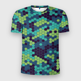 Мужская футболка 3D Slim с принтом Зеленые соты в мозаике , 100% полиэстер с улучшенными характеристиками | приталенный силуэт, круглая горловина, широкие плечи, сужается к линии бедра | геометрия | многогранник | мозаика | пазл | ромбы | соты | фигура