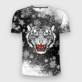 Мужская футболка 3D спортивная с принтом НОВОГОДНИЙ БЕЛЫЙ ТИГР 2022 в Тюмени, 100% полиэстер с улучшенными характеристиками | приталенный силуэт, круглая горловина, широкие плечи, сужается к линии бедра | 2022 | beast | merry christmas | new year | red bow | santa hat | snow | tiger | winter | winter is coming | year of the tiger | год тигра | дед мороз | животные | звери | зверь | зима | зима 2022 | зима близко | новог | новогодни