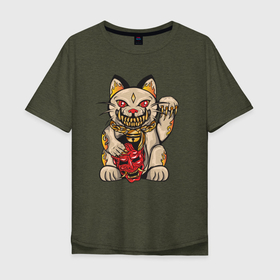 Мужская футболка хлопок Oversize с принтом Кот   демон в Екатеринбурге, 100% хлопок | свободный крой, круглый ворот, “спинка” длиннее передней части | Тематика изображения на принте: демон | дьявол | кот | котенок | котик | кошка | япония | японский