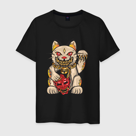 Мужская футболка хлопок с принтом Кот   демон в Новосибирске, 100% хлопок | прямой крой, круглый вырез горловины, длина до линии бедер, слегка спущенное плечо. | Тематика изображения на принте: демон | дьявол | кот | котенок | котик | кошка | япония | японский