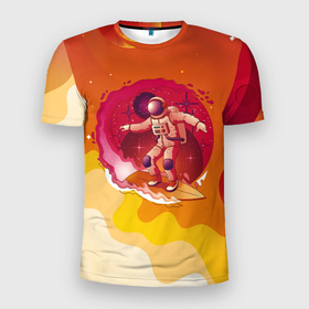 Мужская футболка 3D Slim с принтом Космический скейтборд в Санкт-Петербурге, 100% полиэстер с улучшенными характеристиками | приталенный силуэт, круглая горловина, широкие плечи, сужается к линии бедра | Тематика изображения на принте: волны | космонавт | космос | планеты | скейтборд