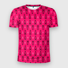 Мужская футболка 3D Slim с принтом Игра в кальмара Минимализм в Белгороде, 100% полиэстер с улучшенными характеристиками | приталенный силуэт, круглая горловина, широкие плечи, сужается к линии бедра | игра | кальмара | кораловый | розовый | треугольники
