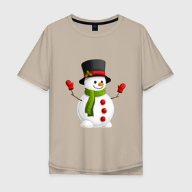 Мужская футболка хлопок Oversize с принтом Новогодний снеговик с перчатками в Новосибирске, 100% хлопок | свободный крой, круглый ворот, “спинка” длиннее передней части | 2022 | new year | новогодний снеговик | новый год | перчатки | снеговик