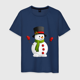 Мужская футболка хлопок с принтом Новогодний снеговик с перчатками , 100% хлопок | прямой крой, круглый вырез горловины, длина до линии бедер, слегка спущенное плечо. | 2022 | new year | новогодний снеговик | новый год | перчатки | снеговик
