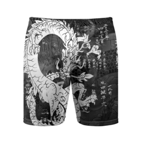 Мужские шорты спортивные с принтом ЧБ Японский Дракон | Dragon (Иероглифы) в Курске,  |  | beast | dragon | fire | grunge | горелый | дракон | животные | зверь | змей | иероглифы | когти | огонь | пепел | пламя | потертости | узор | чб | японский